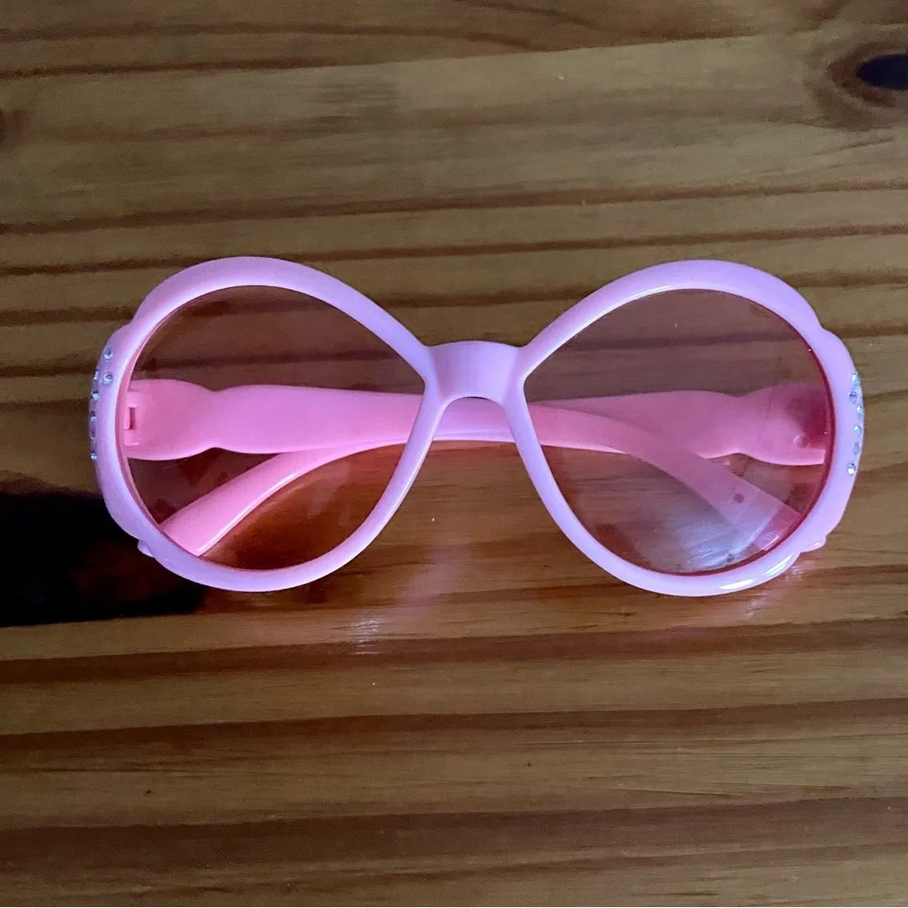 Girls Retro Bubblegum Pink Sunglasses with Pink Lenses and Rhinestone Bling
